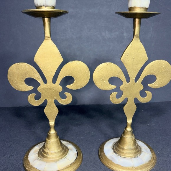 Vtg Brass Fleur de Lis Candlestick Holders Mother of Pearl Inlay Pair 9.5in - Picture 10 of 16